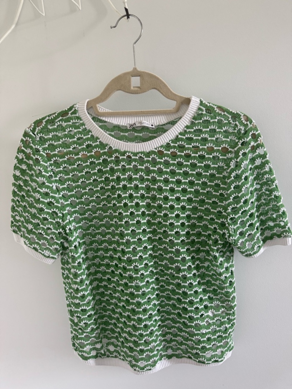 Zara Green and White Openwork Knit Top